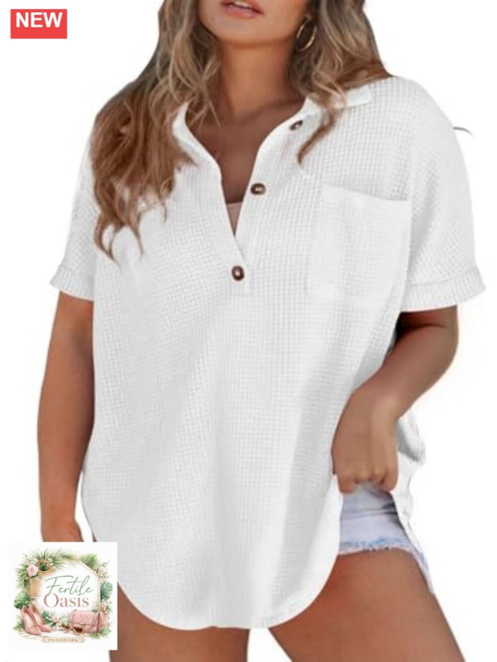 Plus Size Women's Waffle Knit Button Down Shirt Short Sleeve V Neck Tunic Blouse